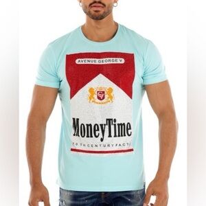 AVENUE GEORGE V PARIS T-Shirt Money Time Rhinestone men’s Blue Shirt 2XL